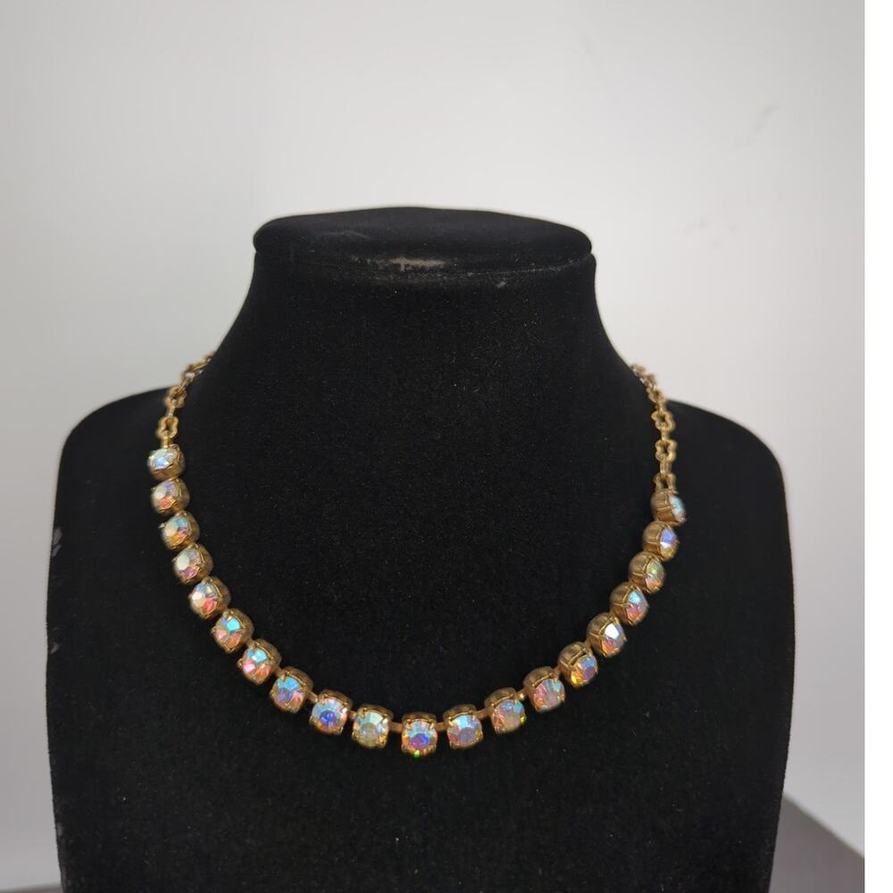 Vintage Gold Tone Aurora Borealis Crystal Choker Necklace 16" fairycore Prom - Picture 2 of 5
